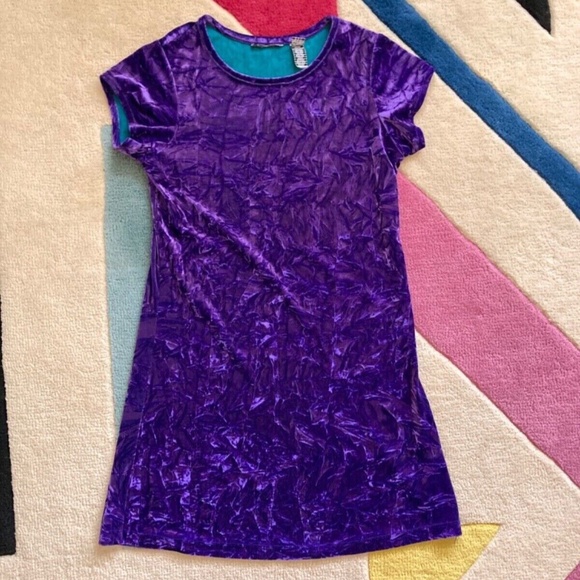 Vintage 90s Crushed Purple Velvet Ultraviolet A-Line Mini Dress Crewneck XS - Picture 1 of 4